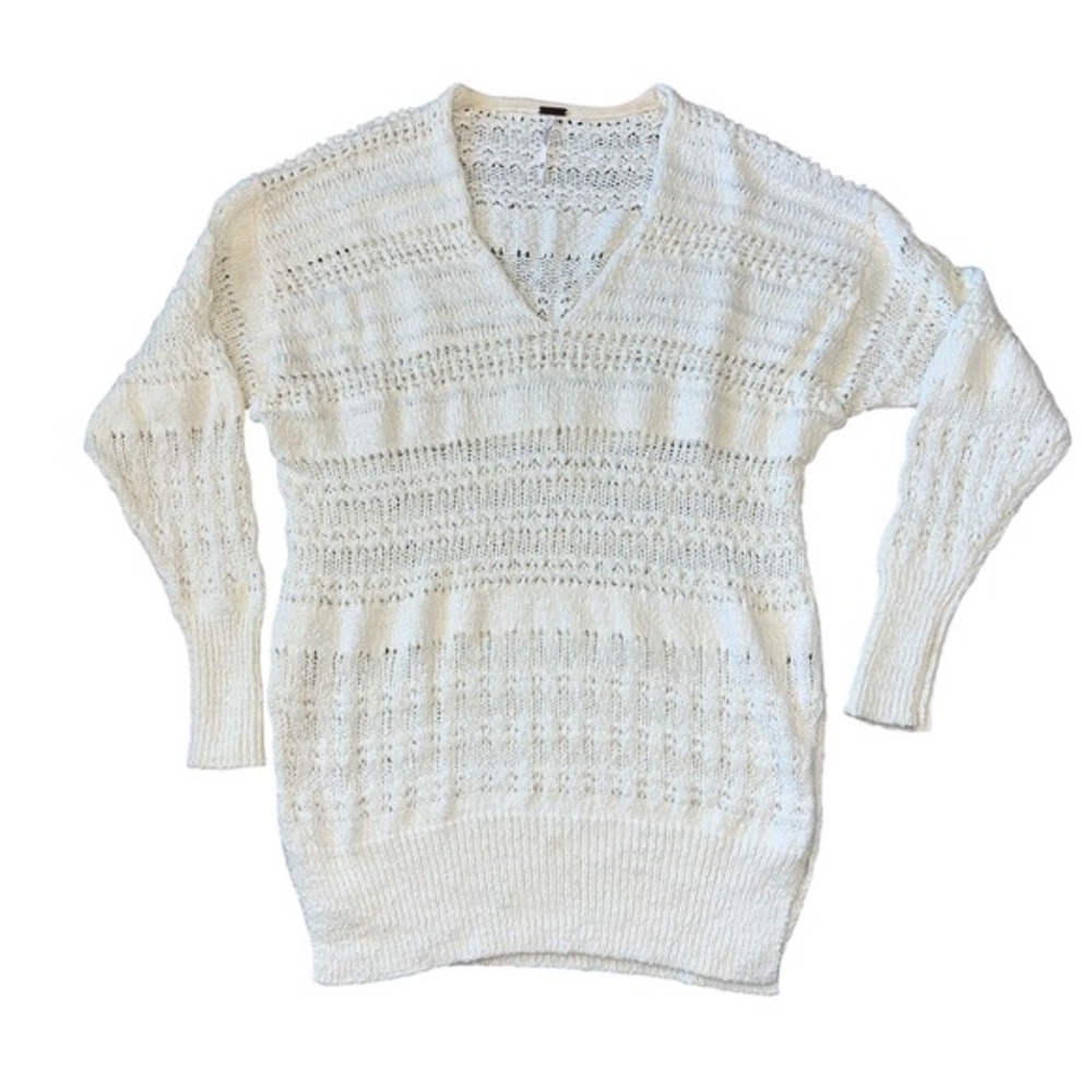 Free People Hot Tropics Open Knit V-Neck‎ Tunic Sweater Ivory Size XS Oversized
